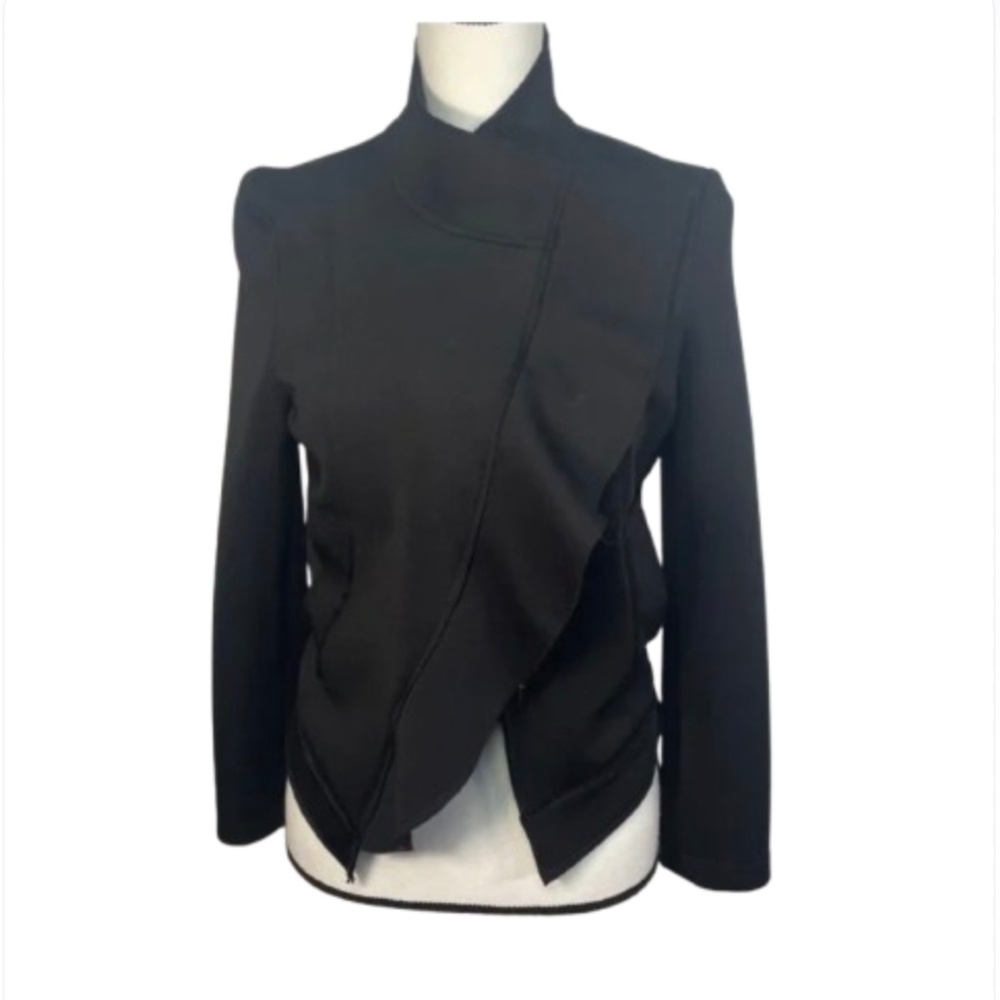 Scapa Black Blazer scuba edgy asymmetrical ruffle moto cropped